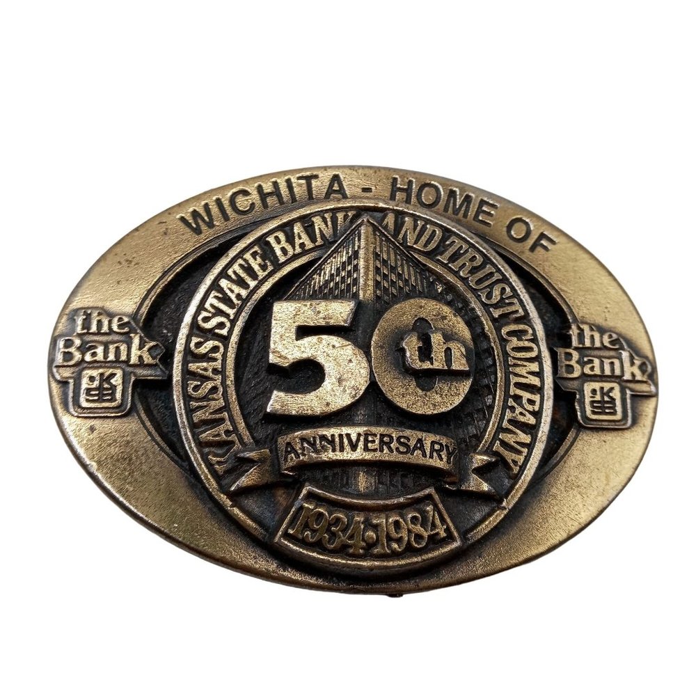 Wichita Kansas Belt Buckle KS State Bank 50 Years 1984 Vintage Banking